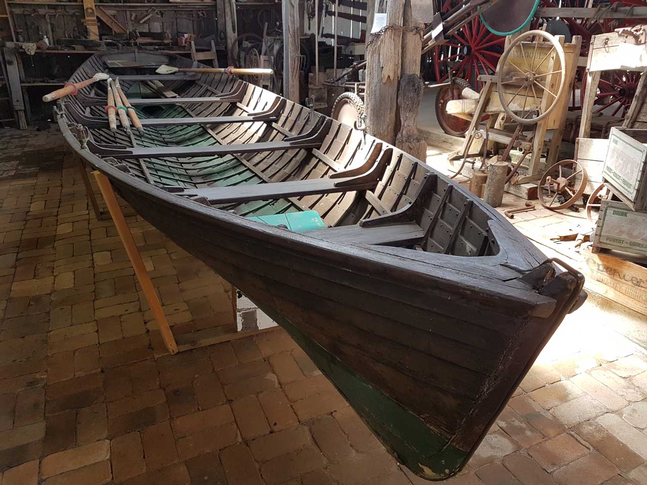A rare cedar flood boat at Lawrence Museum
