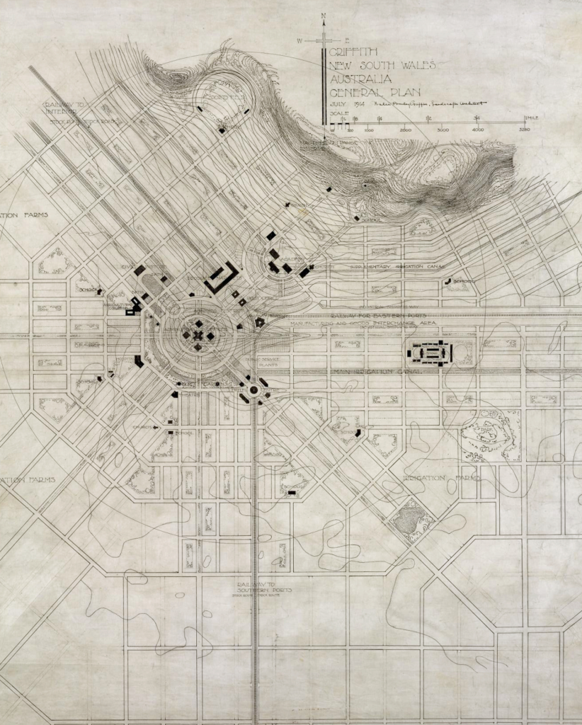 Historic street map showing Walter Burnely Griffin design of Griffith.