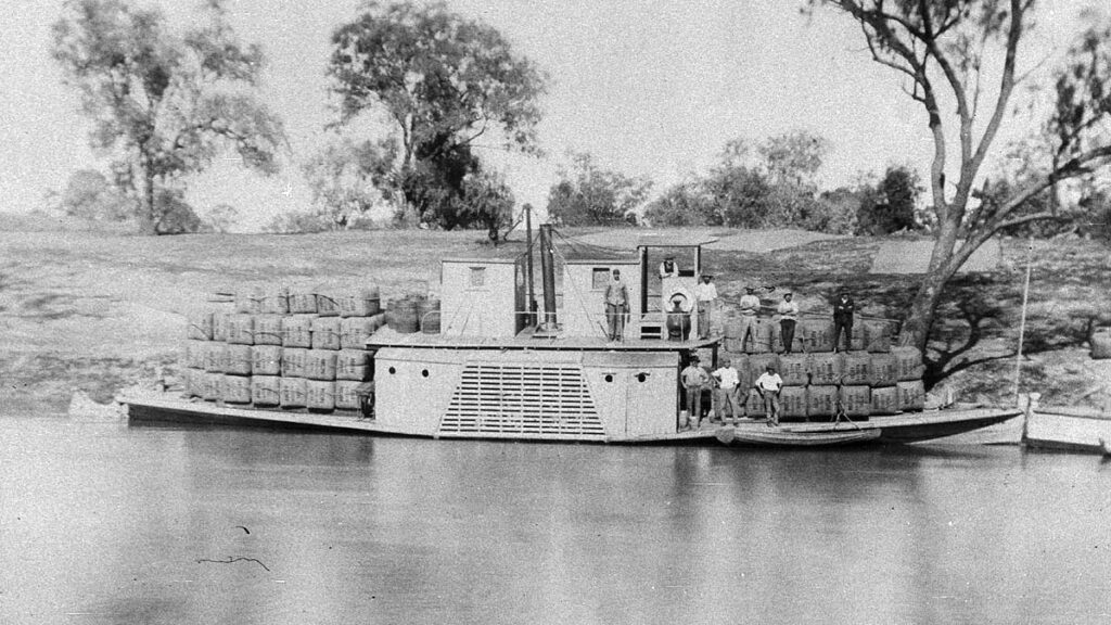 Image showing paddle steamer laden with whoool bales on the Barwon River in 1895.